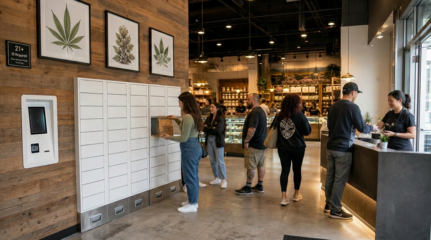 SafeArbor smart pickup lockers installed in a dispensary